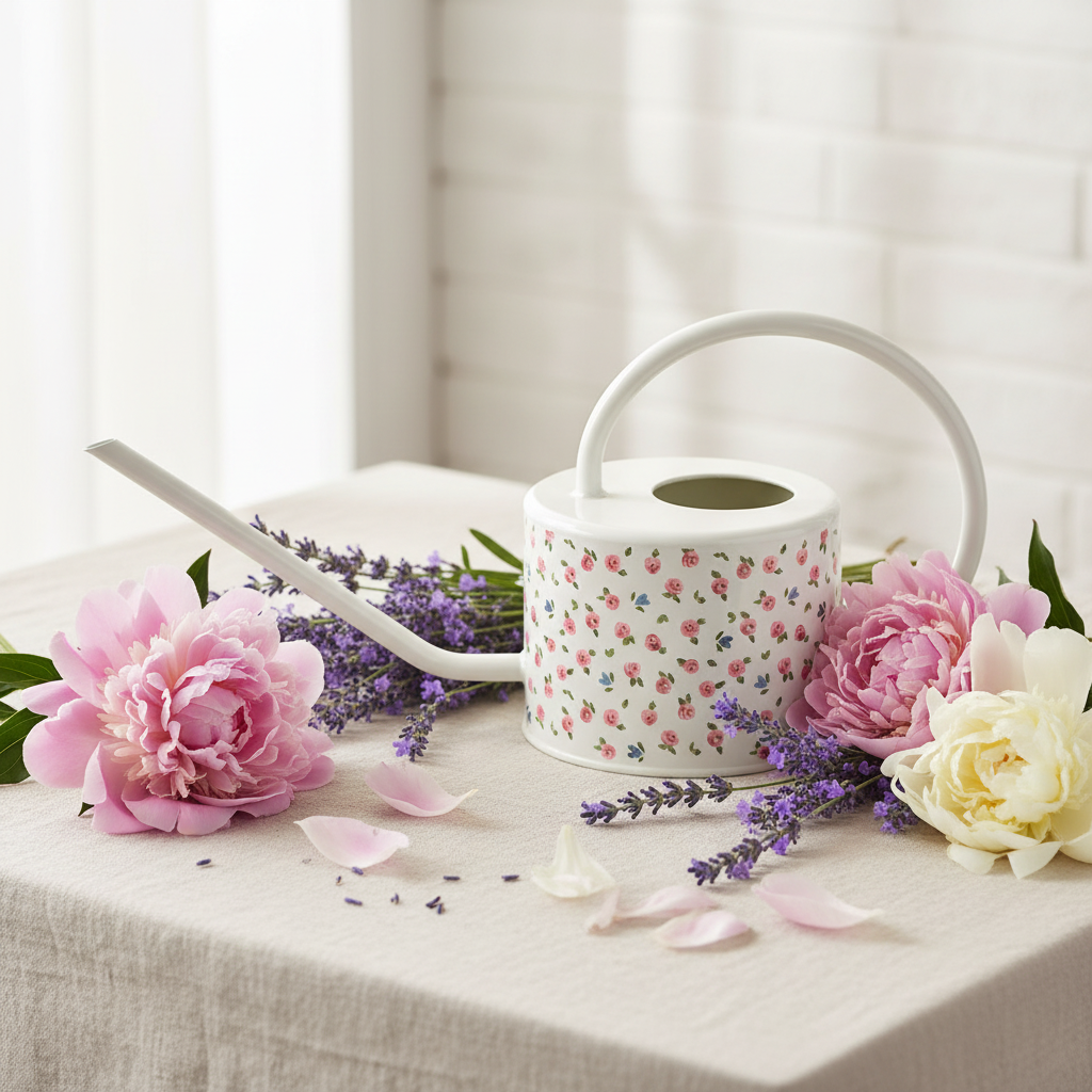 Annaffiatoio floreale bianco con lavanda e peonie