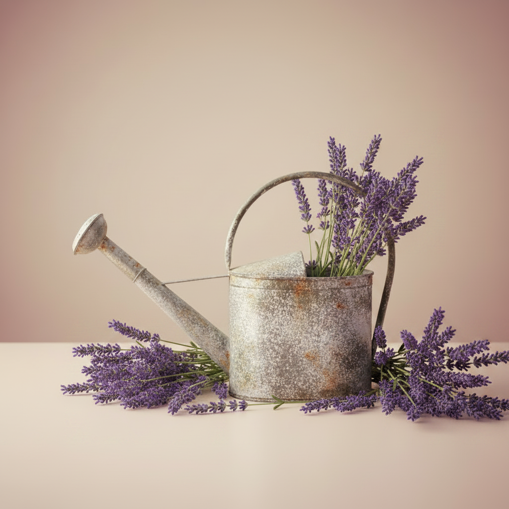 Annaffiatoio vintage con abbondante lavanda