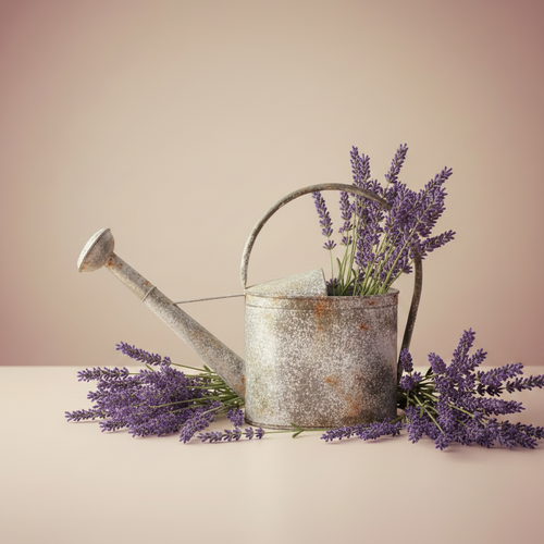 Annaffiatoio vintage con abbondante lavanda