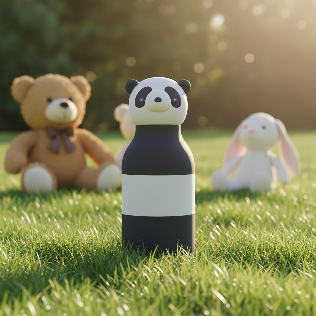 Borraccia panda su prato con peluche
