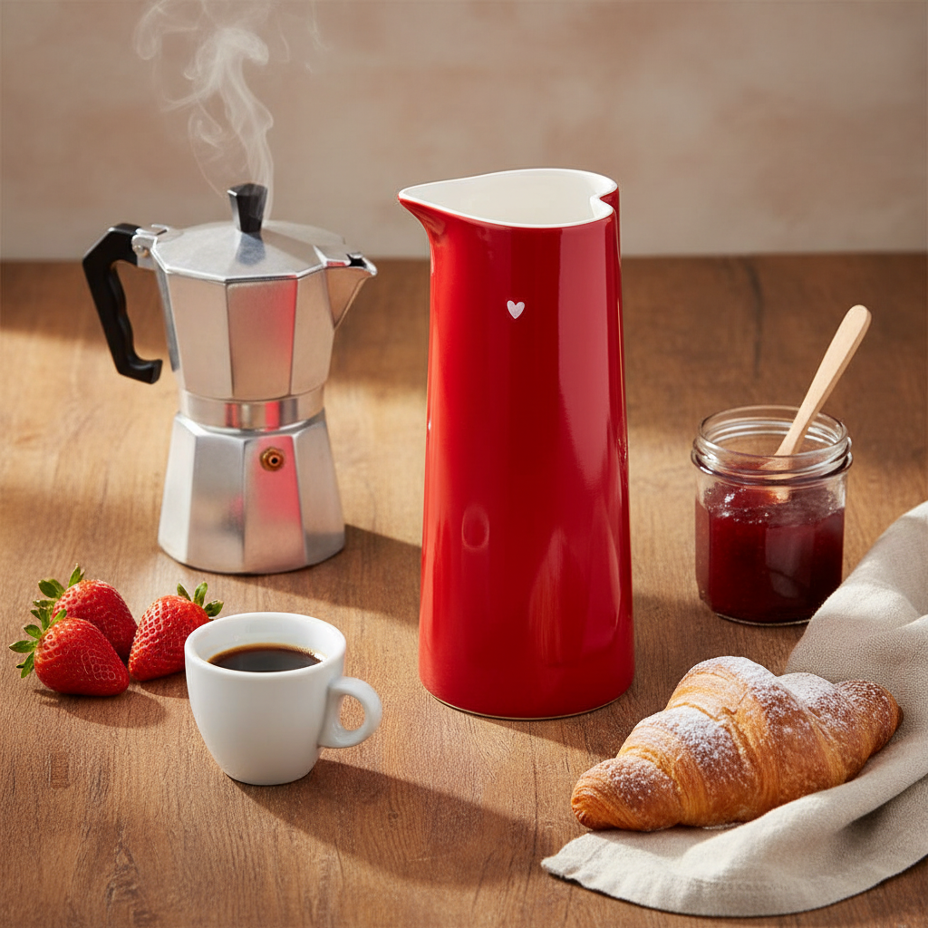 Brocca rossa ceramica con colazione italiana