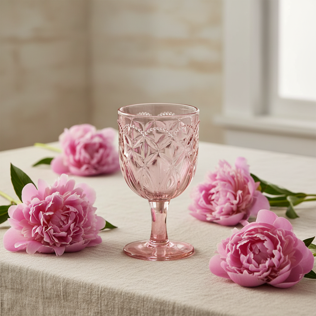 Calice rosa con peonie su tavola apparecchiata