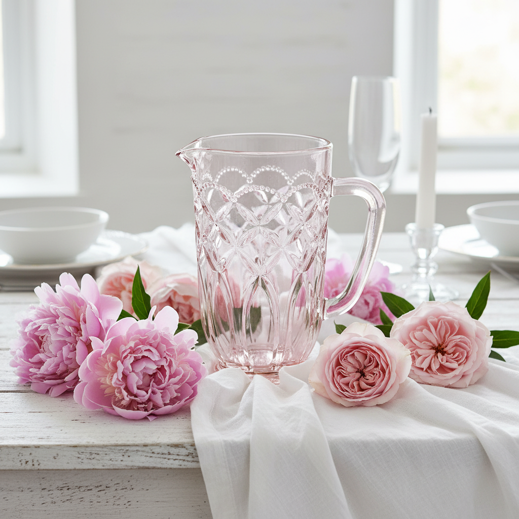 Caraffa rosa con fiori su tavola