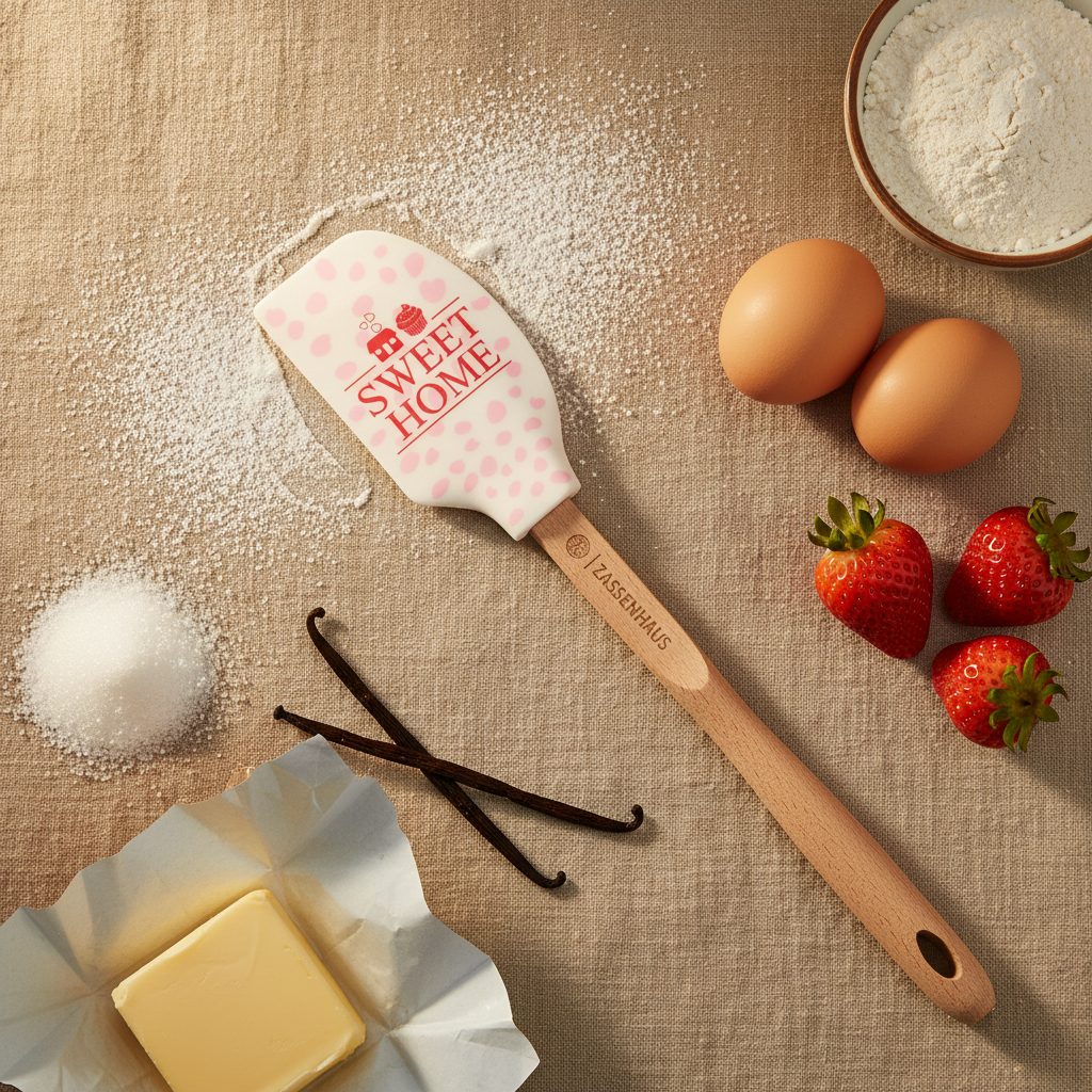 Flat lay spatola Sweet Home con ingredienti per torta