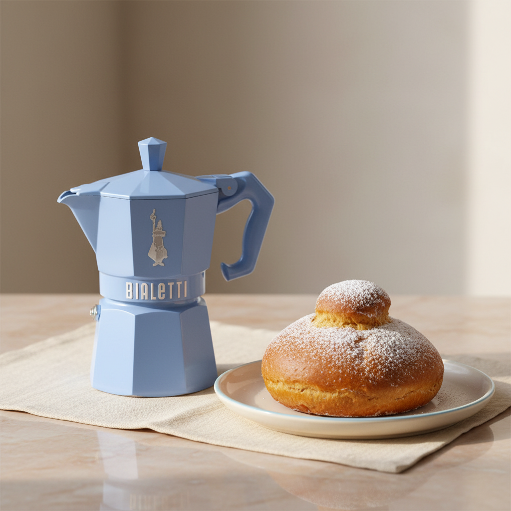 Bialetti Moka Express azzurro con brioche col tuppo siciliana – foto editoriale aesthetic