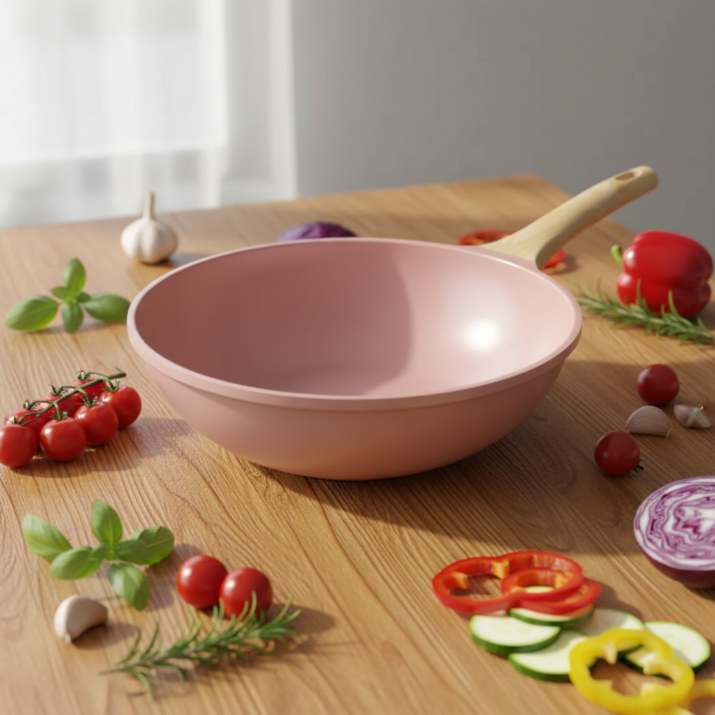 Wok rosa Cookut su tavolo con ingredienti freschi