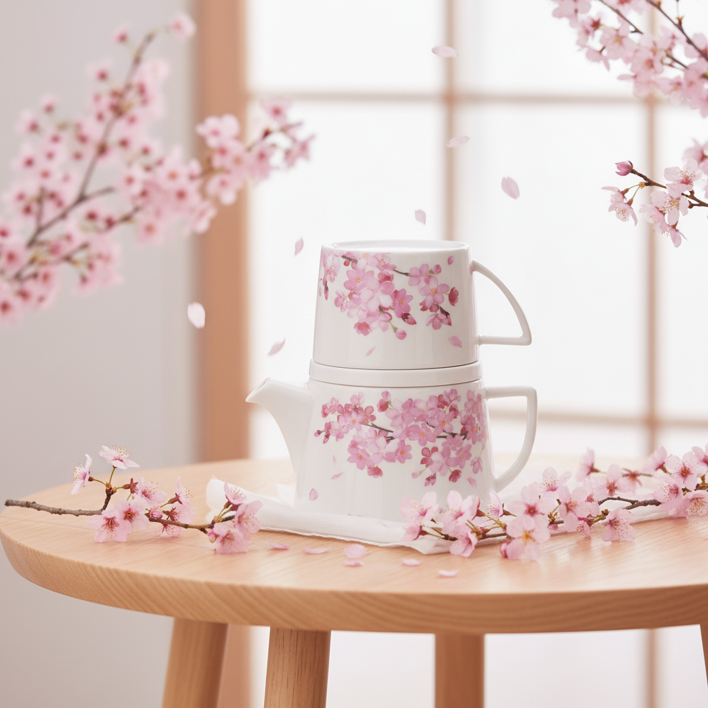 Set tè ciliegio su tavolo con fiori rosa