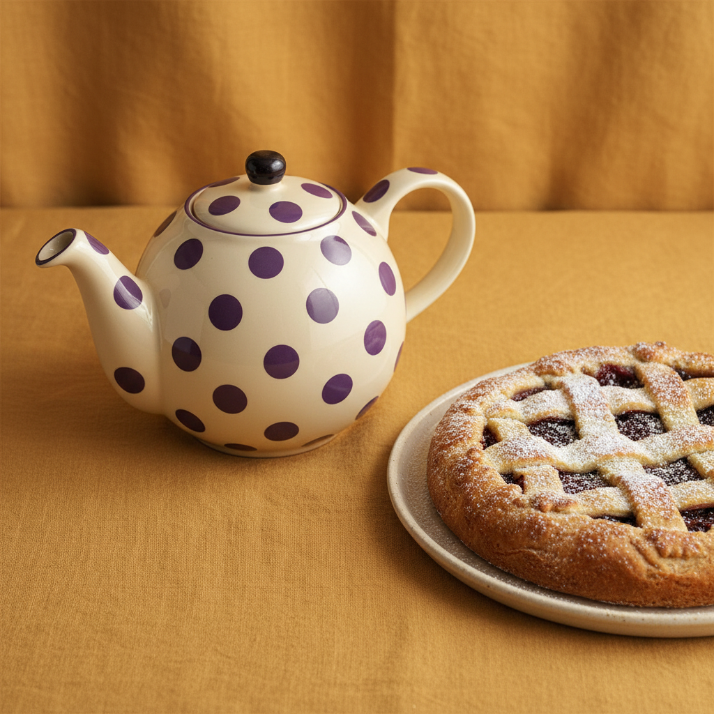 Teiera Pois Viola – Aesthetic con Crostata su Sfondo Giallo